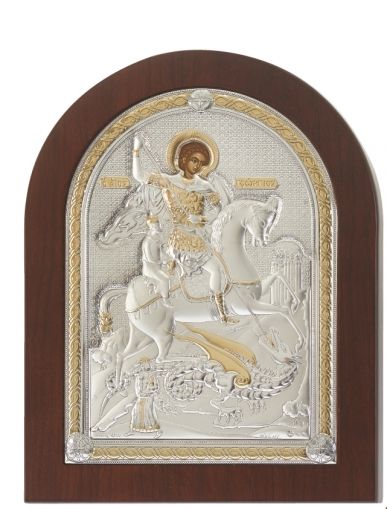 Сребърна икона Свети Георги “Победоносец”, Бяла рамка, 17 х 23 см, Сребро 925