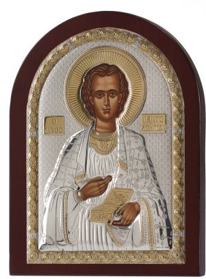 Сребърна икона Свети Панталеймон, 4.5 х 6 см, Сребро 925