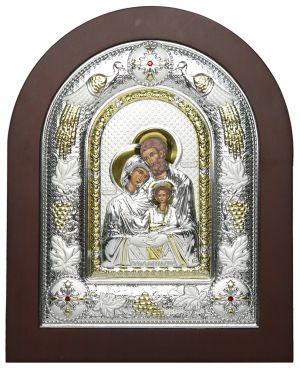 Сребърна икона Светото семейство, Стъклена рамка  14 х 18 см