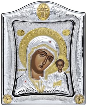 Сребърна икона Света Богородица Казанска в стъклена рамка, 15.5 х 19.5 см, Сребро 925