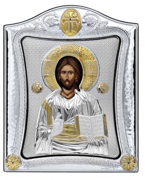 Сребърна икона Исус Христос в стъклена рамка, 15.5 х 19.5 см, Сребро 925