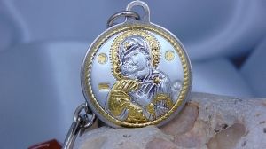 Ключодържател с икона Света Богородица Владимировска, Кръст, Сребро 925, Метал, 3 х 5 см