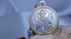 Ключодържател с икона Свети Спиридон, Кръст, Сребро 925, Метал, 3 х 5 см
