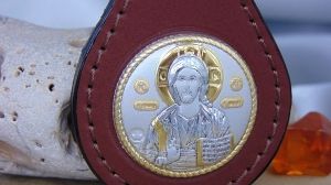 Ключодържател с икона Исус Христос, Сребро 925, Кожа, 4.5 х 8 см