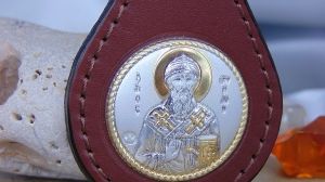 Ключодържател с икона Свети Спиридон, Сребро 925, Кожа, 4.5 х 8 см