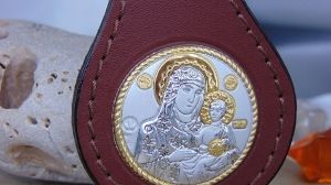 Ключодържател с икона Света Богородица Йерусалимска, Сребро 925, Кожа, 4.5 х 8 см