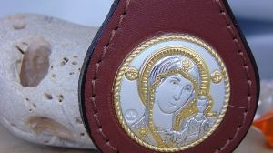 Ключодържател с икона Света Богородица Казанска, Сребро 925, Кожа, 4.5 х 8 см