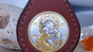Ключодържател с икона Света Богородица Владимировска, Сребро 925, Кожа, 4.5 х 8 см