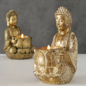 Свещник за чаена свещ с фигура на Буда Stars Home Jarven Antique, 8 х 14 см