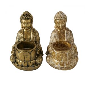 Комплект свещници за чаена свещ с фигура на Буда Stars Home Jarven Antique, 8 х 14 см, 2 части