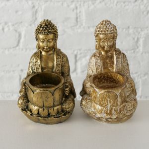 Комплект свещници за чаена свещ с фигура на Буда Stars Home Jarven Antique, 8 х 14 см, 2 части