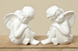 Комплект статуетки Boltze Angels sitting, Бял, Порцелан, 6 x 11 см, 2 броя
