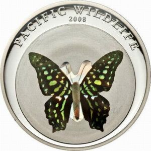 Сребърна монета 3D призма ефект ” Пеперуда зелено черна ”Palau 2008г.